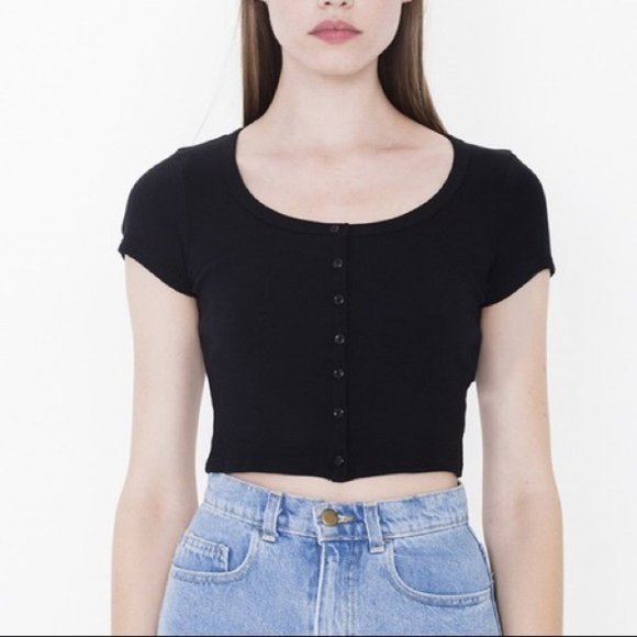 SOLD - American Apparel 2x1 Black Ribbed Button Crop Top - Picture 1 of 10